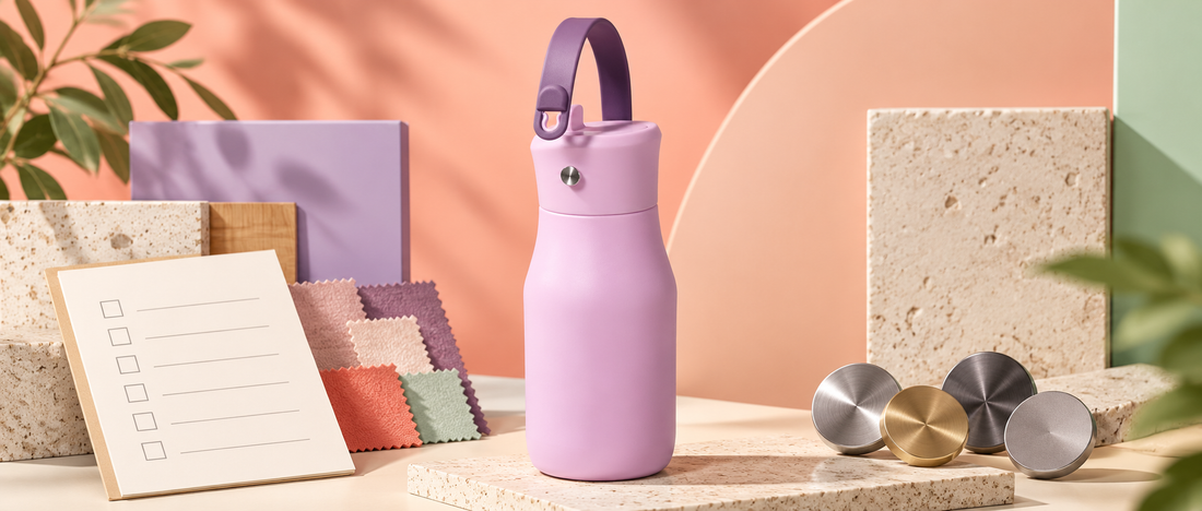 One pink and lilac handled bottle beside colorful material swatches and a blank sample-comparison checklist.