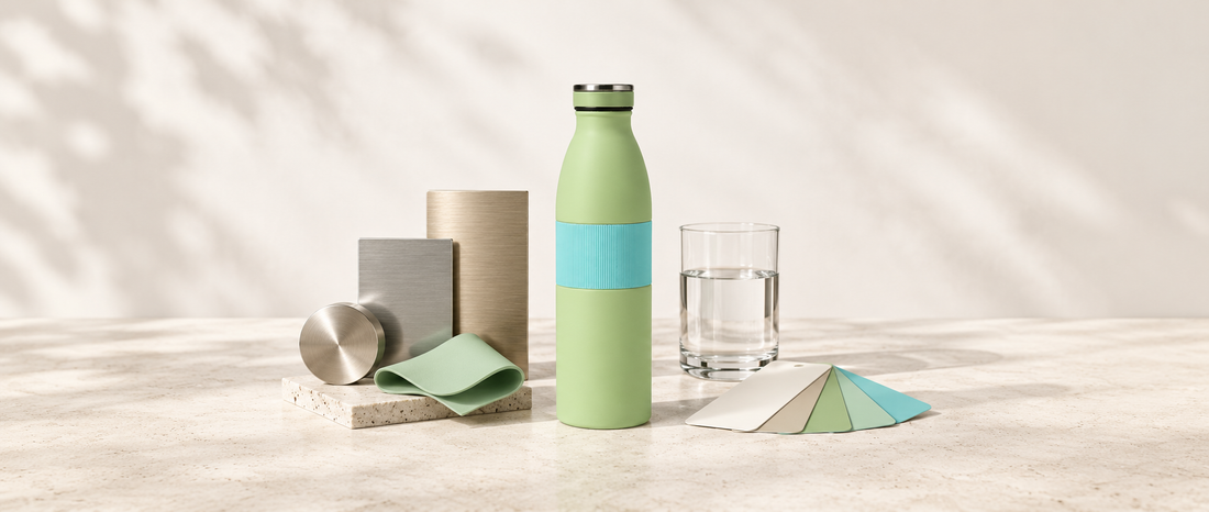 A sage-green bottle with a turquoise silicone sleeve beside unmarked material samples and color swatches.