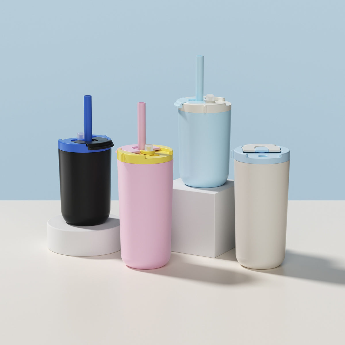 350-500ml Two-Lid Coffee Cup, Direct Drink and Straw Caps, Car Cup Holder Fit. Four pastel coffee cups with straw lids displayed on risers.