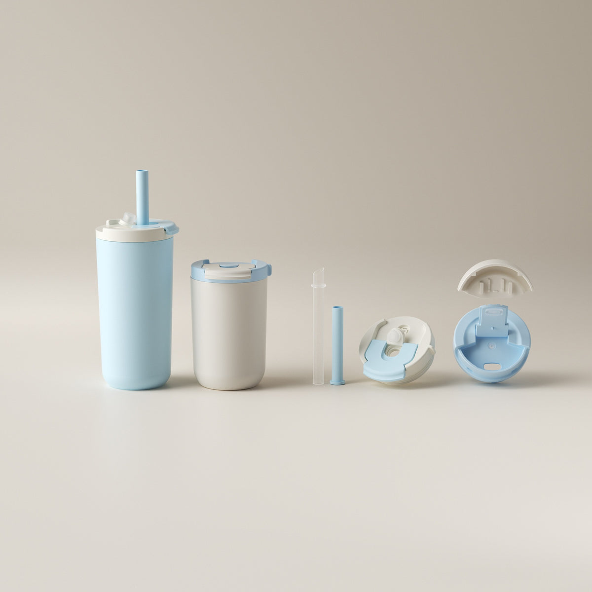 350-500ml Two-Lid Coffee Cup, Direct Drink and Straw Caps, Car Cup Holder Fit. Coffee cup with drinking lid, straw and lid components arranged beside it.