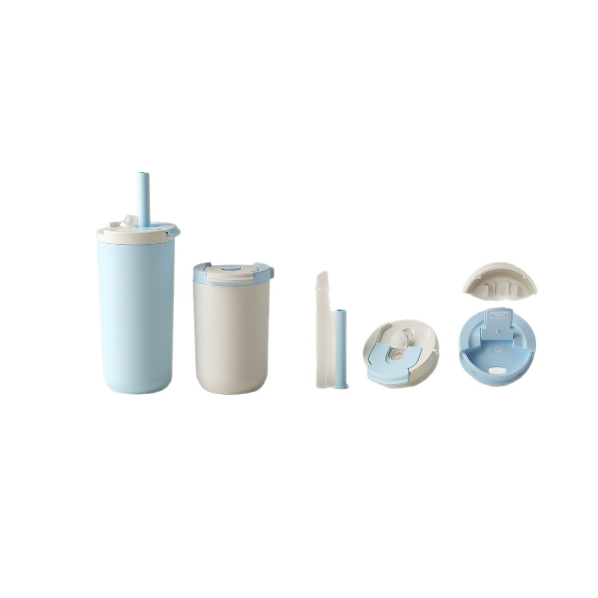 350-500ml Two-Lid Coffee Cup, Direct Drink and Straw Caps, Car Cup Holder Fit. Coffee cup with lid parts and drinking components separated.