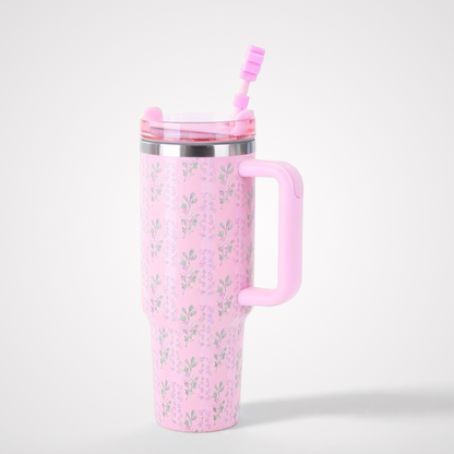 Elegant Flower Print Tumbler | 40oz Double-Wall with Handle | Trendy Retail Bulk