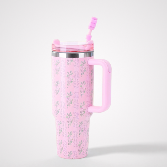 Elegant Flower Print Tumbler | 40oz Double-Wall with Handle | Trendy Retail Bulk