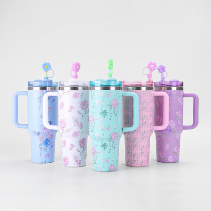 Elegant Flower Print Tumbler | 40oz Double-Wall with Handle | Trendy Retail Bulk