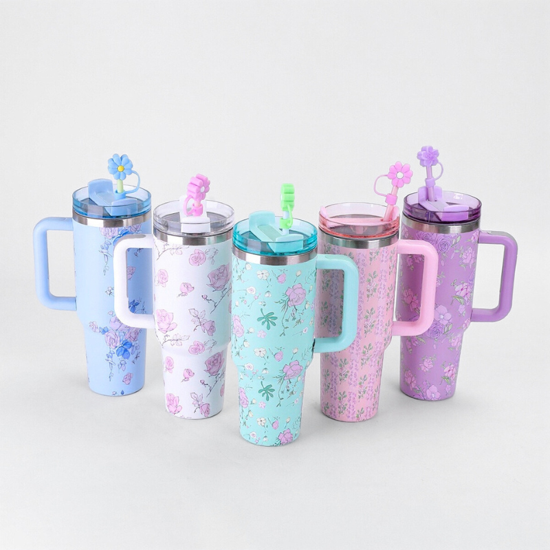 Elegant Flower Print Tumbler | 40oz Double-Wall with Handle | Trendy Retail Bulk