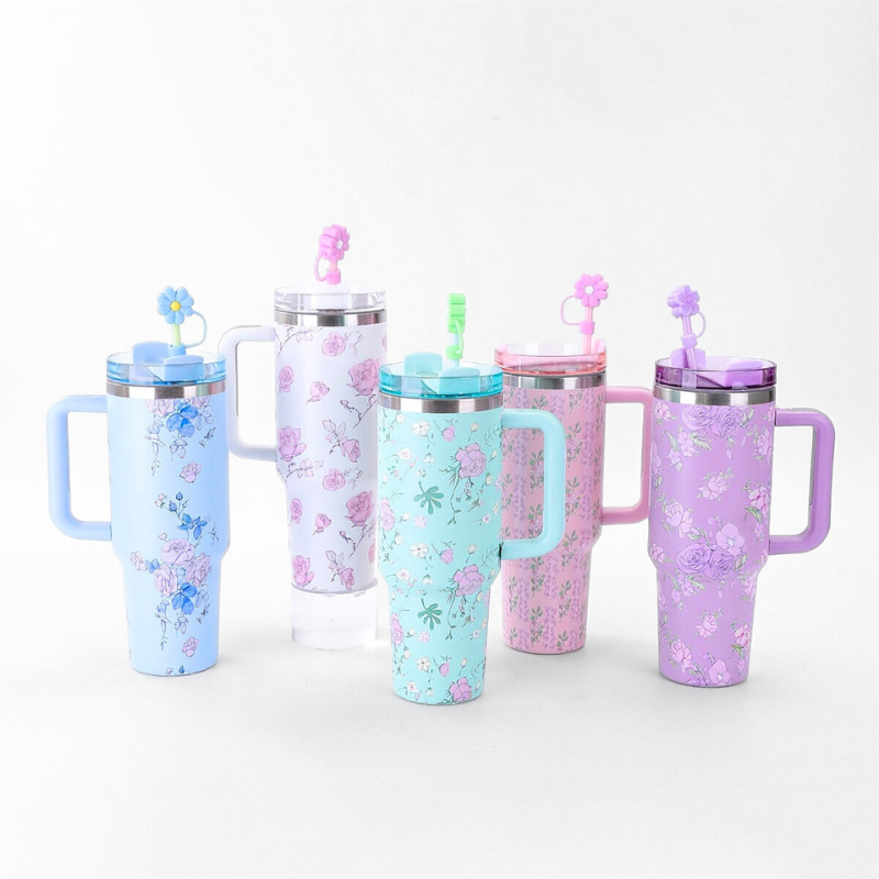 Elegant Flower Print Tumbler | 40oz Double-Wall with Handle | Trendy Retail Bulk