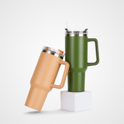 40oz Auto Beverage Cup | Integrated Soft-Touch Handle | Double-Wall Vacuum Insulated