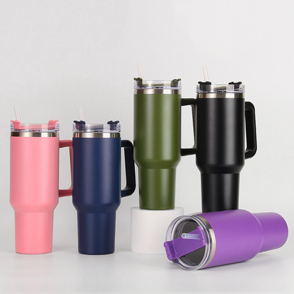 40oz Auto Beverage Cup | Integrated Soft-Touch Handle | Double-Wall Vacuum Insulated