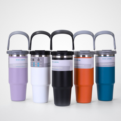 Ergonomic Insulated Car Mug | 40oz Double-Wall with Lid | Road Trip Bulk