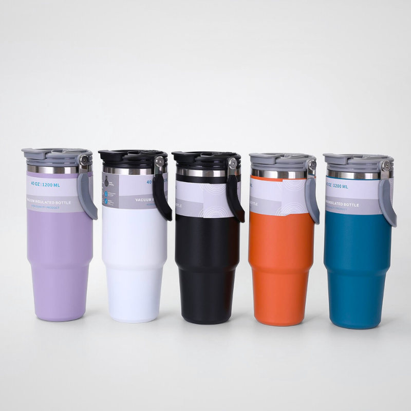 Ergonomic Insulated Car Mug | 40oz Double-Wall with Lid | Road Trip Bulk