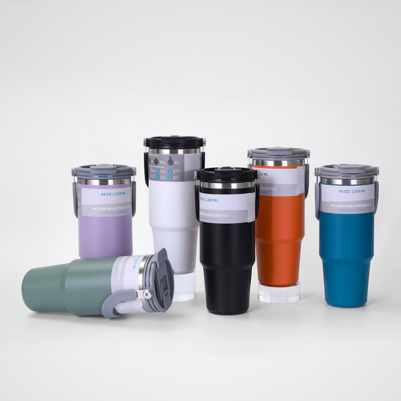 Ergonomic Insulated Car Mug | 40oz Double-Wall with Lid | Road Trip Bulk