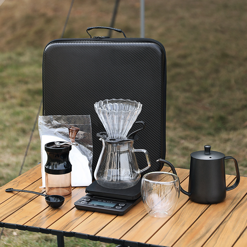 Camping Pour-Over Coffee Gift Set | Manual Grinder & Gooseneck Kettle | Outdoor Barista Kit