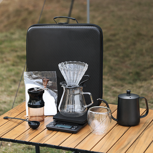 Camping Pour-Over Coffee Gift Set | Manual Grinder & Gooseneck Kettle | Outdoor Barista Kit