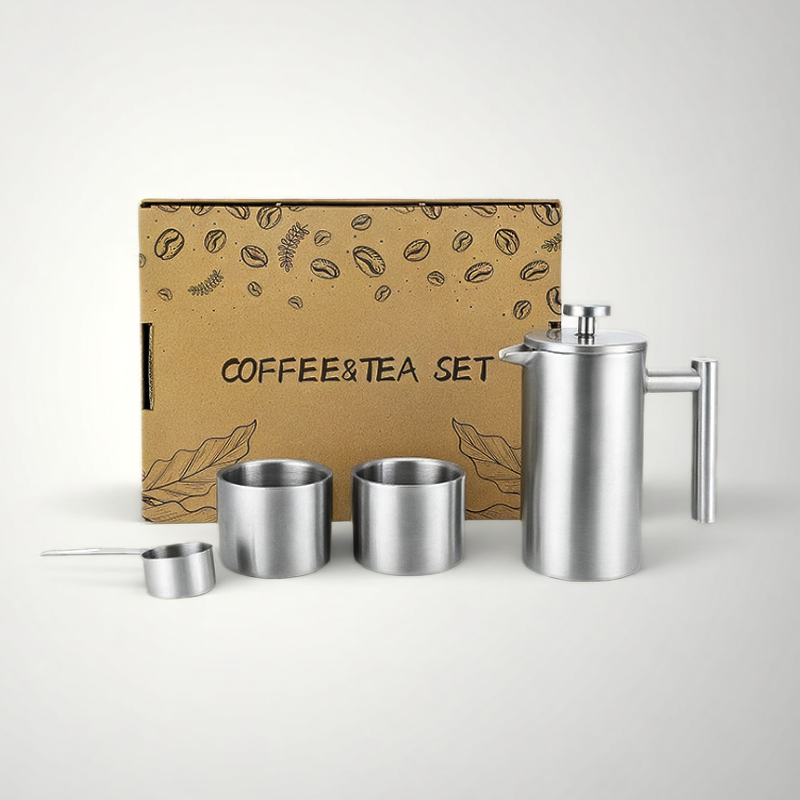 Luxury French Press Coffee Gift Set | 350ml Press & Double-Wall Cups | Executive Gift Bulk