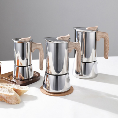 Classic Stovetop Espresso Moka Pot | Natural Beechwood Handle | SUS304 Coffee Maker