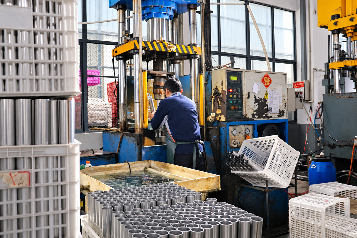 Operator guiding drinkware components through forming equipment