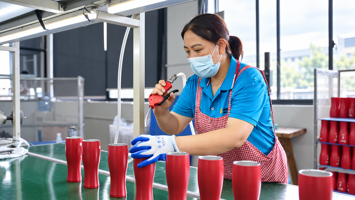 Operator handling coated drinkware at a packaging workstation